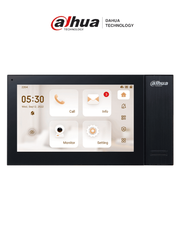 Monitor IP táctil de 7" Serie Pro con 8GB de memoria embebida PoE estándar ranura MicroSD soporta llamada grupal videos mensajes 6 entradas salidas de alarma y hasta 9 monitores adicionales - DHI-VTH2421FB-P