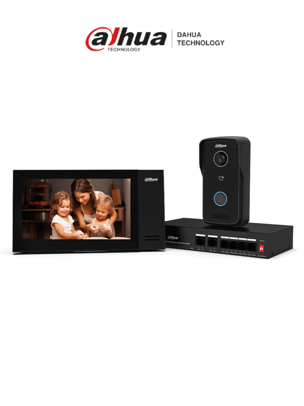 Kit de videoportero IP con monitor táctil de 7" de 8GB de memoria embebida soporte para alarmas 6&1 frente de calle con apertura remota y tarjetas Mifare (IC Card) Incluye un switch PoE de 4 puertos 10/100 - DHI-KTP02