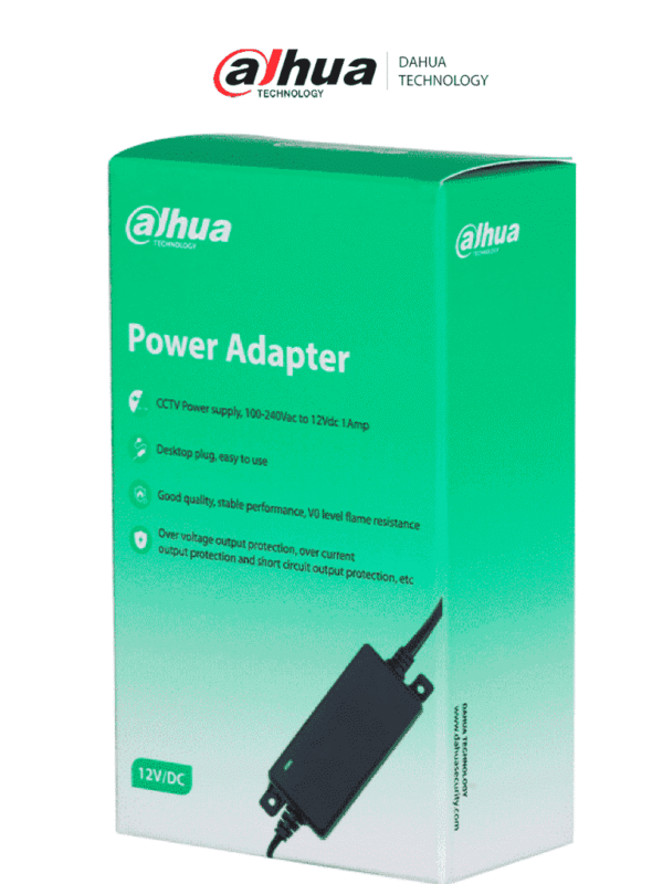 Fuente de Poder Regulada de 12 Vcc 1 Amper Ideal para cámaras de CCTV con protección térmica avanzada y LED indicador de funcionamiento garantiza un rendimiento estable y seguro - DH-PFM325D-1210US