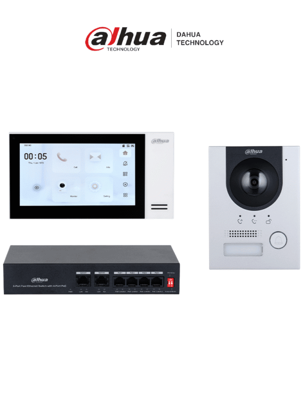 Kit de Videoportero IP con Frente de Calle Metálico Antivandálico y cámara de 2MP Incluye monitor táctil de 7" ranura SD control de puerta E/S de alarmas y switch PoE de 6 puertos 36W Ideal para seguridad avanzada - DHI-KTP01L(S)