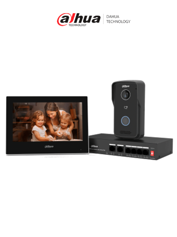 Kit de Videportero IP Monitor de 7 Pulgadas Frente de Calle y Switch PoE 6&1 E&S de Alarma Frente de Calle IP65 IR Apertura Remota Switch de 4 Puertos PoE 10/100 2 Puertos Uplink Controla 1 Puerta - DHI-KTP03