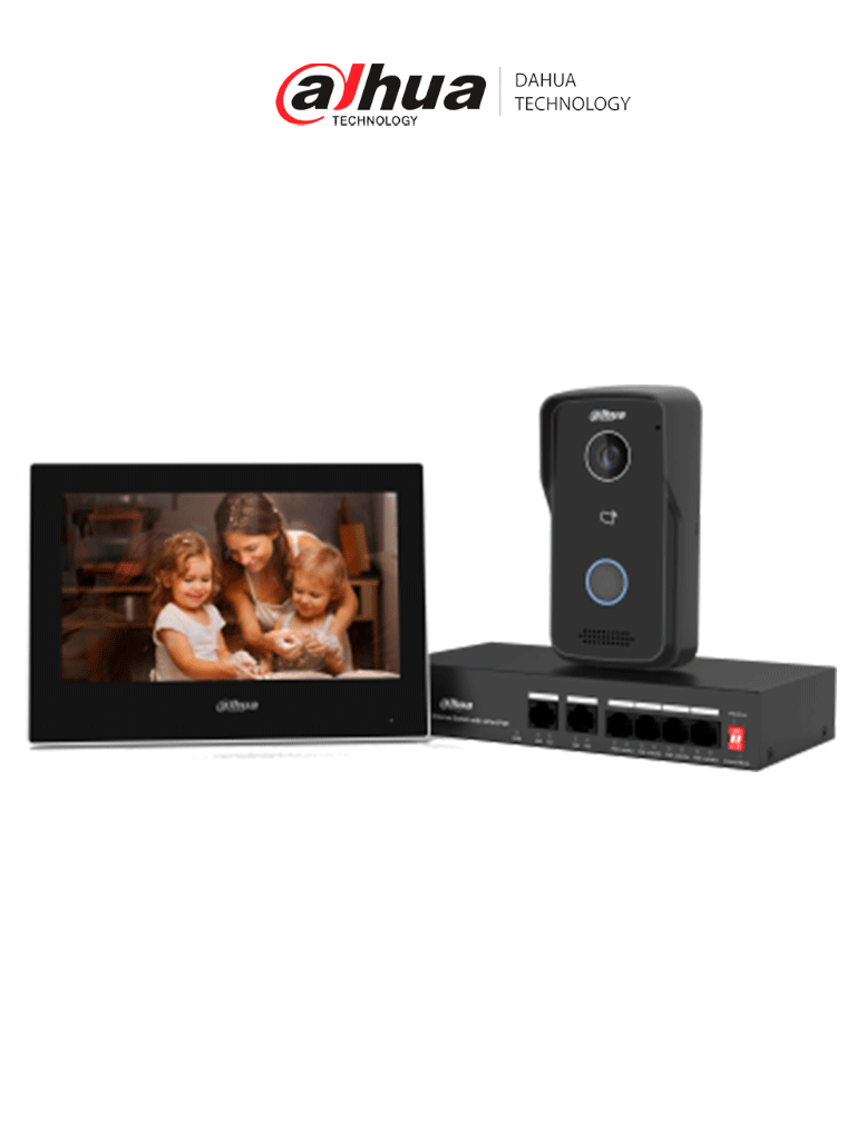 Kit de Videportero IP Monitor de 7 Pulgadas Frente de Calle y Switch PoE 6&1 E&S de Alarma Frente de Calle IP65 IR Apertura Remota Switch de 4 Puertos PoE 10/100 2 Puertos Uplink Controla 1 Puerta - DHI-KTP03