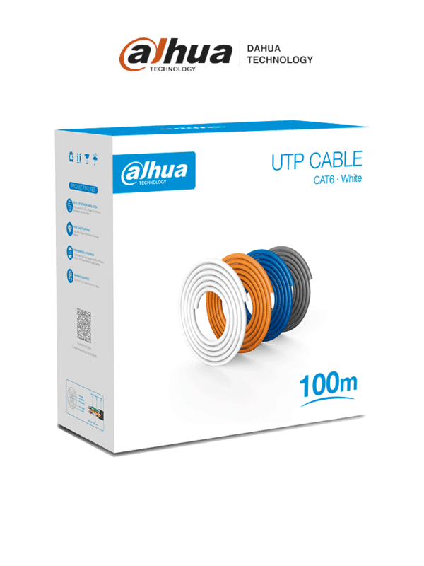 Bobina de 100 Mts de Cable UTP Cat6 100% Cobre Color Blanco Cubierta Retardante de Flama con Certificación CE CPR Eca Ideal para Video y Redes - DH-PFM920I-6UN-C-100