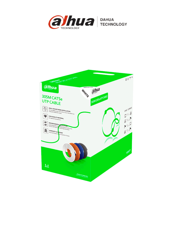 Bobina de cable UTP Cat5e de 305 metros color blanco ideal para instalaciones interiores Conductor de CCA y cubierta de FR-PVC cumple con la normativa ROHS para una alta calidad y seguridad - DH-PFM922I-5EUN-C