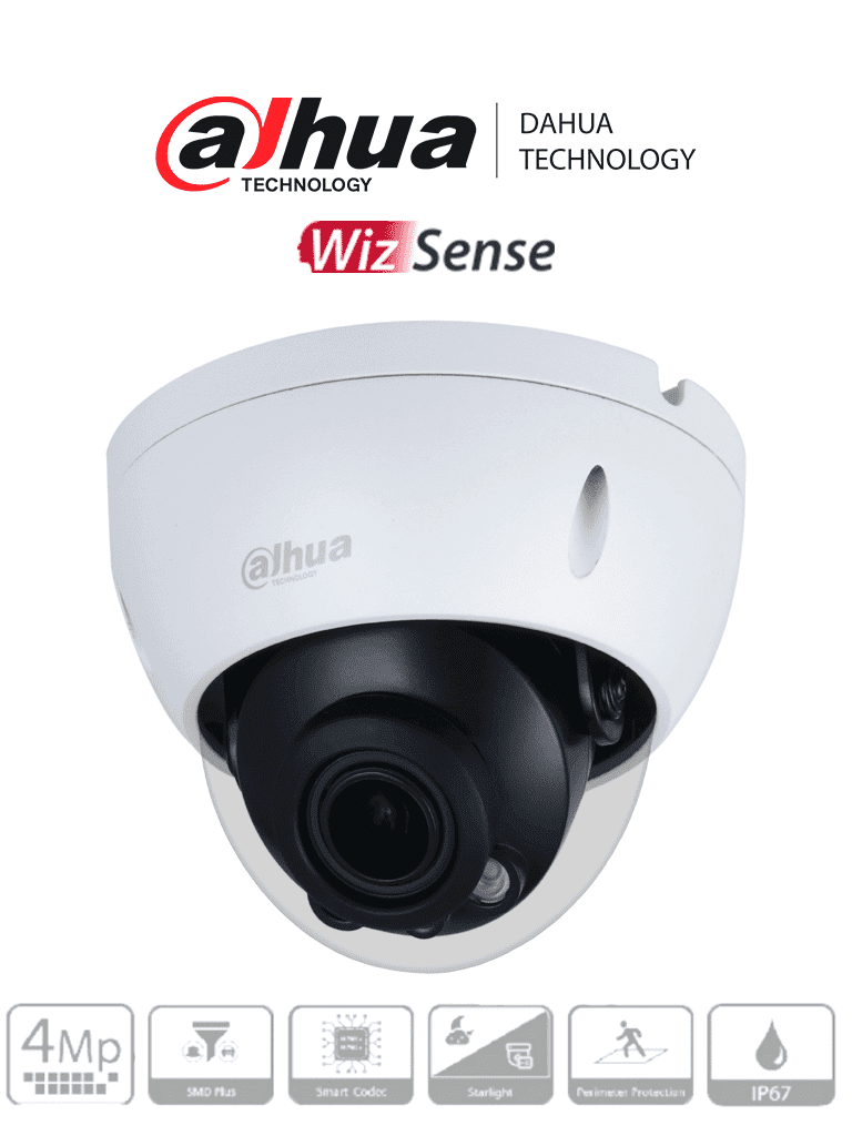 Cámara IP Domo Resolución de 4 MP Lente Mot 2.7 a 13.5mm angulo 104°-27° IR 40 mts IA WizSense Detección de Movimiento Inteligente Protección Perimetral PoE WDR H.265+ IP67 IK10 E&S Alarma E&S Audio - DH-IPC-HDBW3441RN-ZAS-27135