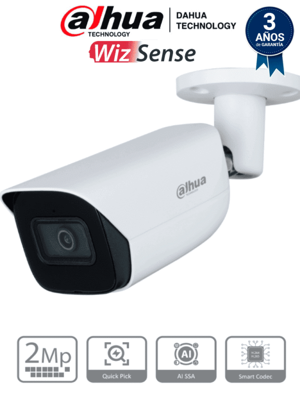 Cámara IP Bullet de 2 MP WizSense Con IA Lente de 2.8mm 107° de Apertura Micrófono integrado IR de 50 m SMD 4.0 AI SSA Quick Pick Ranura MicroSD WDR Real de 120 dB PoE IP67 - DH-IPC-HFW3241E-S-S2