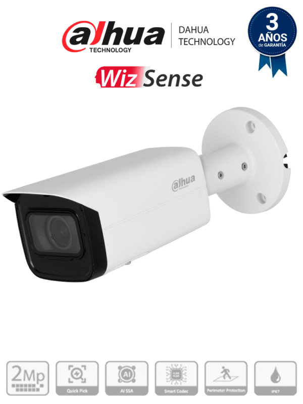 Cámara IP Bullet de 2MP WizSense Lente Motorizado de 2.7 a 13 mm IR de 60 Metros Micrófono Integrado IA SMD 4.0 AI SSA Quick Pick E&S de Alarma y Audio IP67 PoE Ranura para MicroSD - DH-IPC-HFW3241T-ZAS-S2