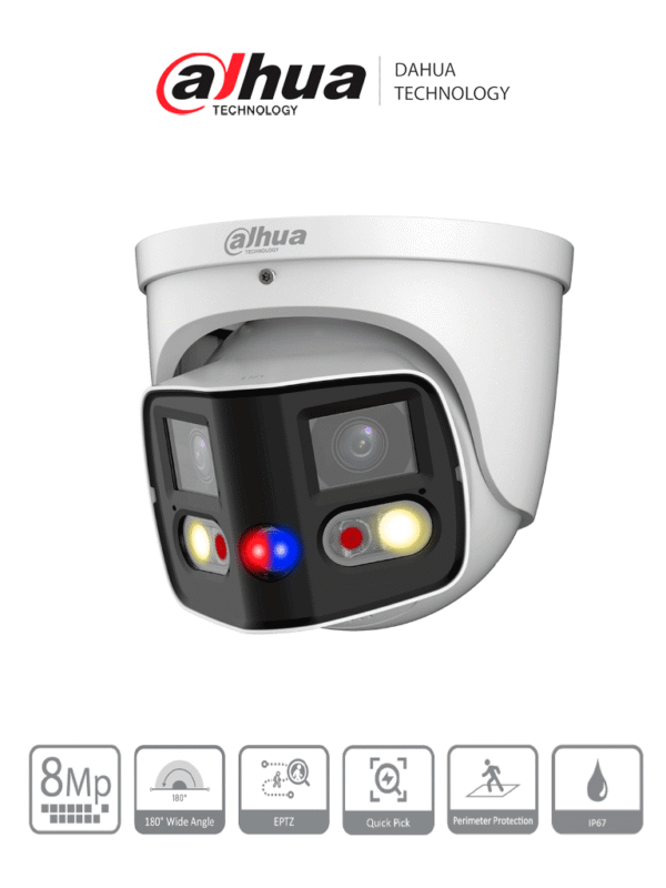 Cámara IP WizSense Eyeball con multivisión en dos sensores de 4MP ofreciendo un ángulo de 180° Con IR de 25 m LED de 20 m disuasión activa ePTZ micrófono altavoz y protección IP67 - DH-IPC-PDW3849-A180-AS-PV