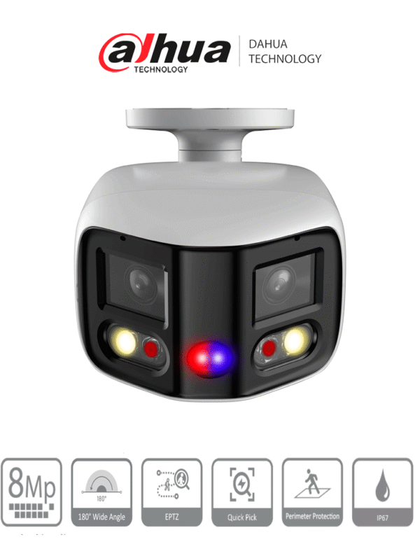 Cámara IP Bullet WizSense 2x4MP con visión de 180° MultiVision LED IR 25m y luz cálida 20m Disuasión activa con micrófono dual y altavoz integrado EPTZ SMD 4.0 PoE IP67 y ranura MicroSD Ideal para seguridad avanzada - DH-IPC-PFW3849S-A180-AS-PV