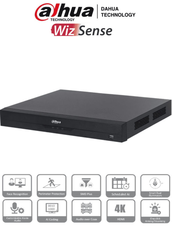 DVR de 32 Canales 4k 8 Megapixeles WizSense Con IA 6 Canales de Reconocimiento Facial H.265+ Hasta 32 Canales IP Codificación IA SMD Plus 2 Bahías de Discos Duros Funciones IoT&POS - DH-XVR5232AN-4KL-I3