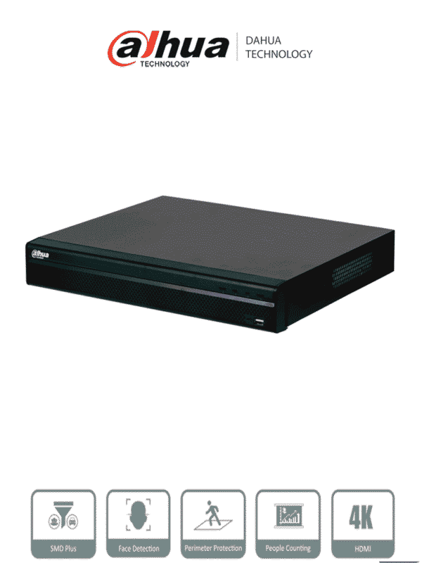 NVR de 8 Megapixeles 4k 16 Canales IP Rendimiento de 160 Mbps Smart H.265+ 2 Bahias de Discos Duros 4&2 E&S de Alarmas HDMI&VGA Soporta Cámaras WizSense 4 canales SMD Plus - DHI-NVR4216-4KS3