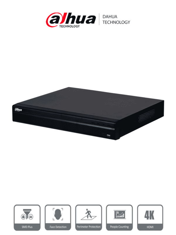 NVR de 8 MP 4k 32 Canales IP 16 Puertos PoE Rendimiento de 160 Mbps Smart H.265+ 2 Bahías de disco duro 4&2 E&S de Alarma Soporta cámaras WizSense 2 canales SMD Plus - DHI-NVR4232-16P-4KS3