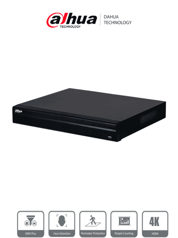 NVR De 32 canales IP 8 MP 4K 160 Mbps Smart H.265+ 2 Bahías para HDD de 20 TB cada uno HDMI & VGA soporta cámaras WizSense y 2 canales SMD Plus - DHI-NVR4232-4KS3