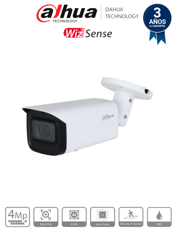 Cámara IP Bullet de 4 MP WizSense Lente Motorizado de 2.7 a 13.5mm IR de 60 Metros H.265+ WDR Real Protección Perimetral IP67 PoE/SMD Plus - DH-IPC-HFW3441T-ZS-S2