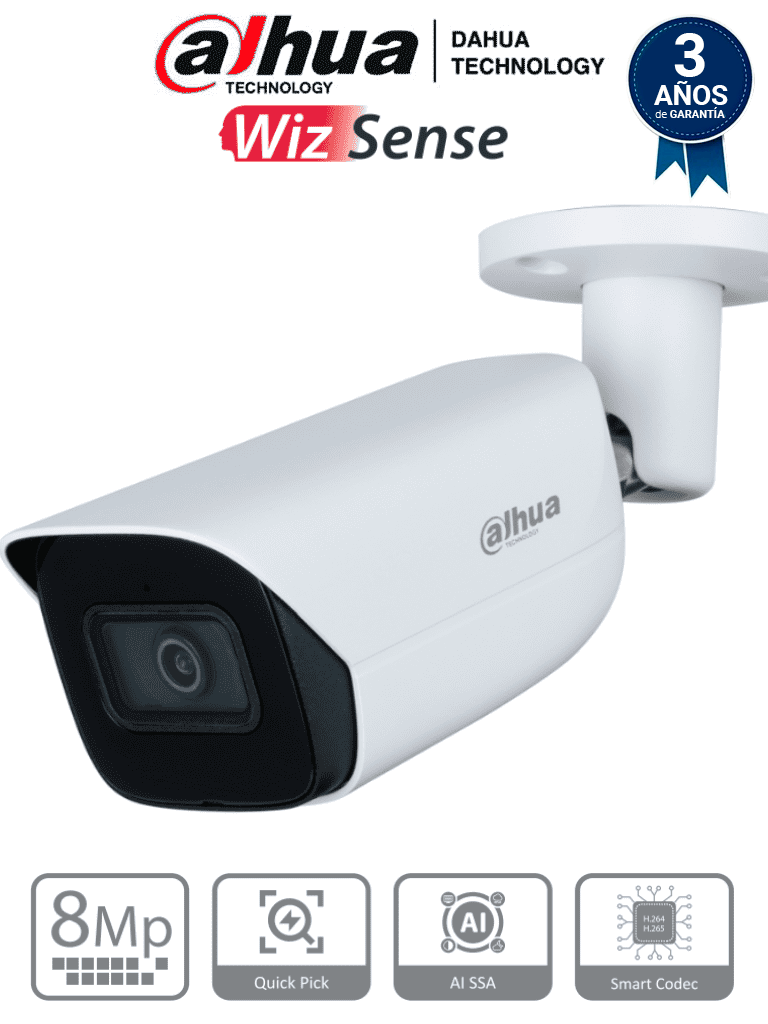 Camara IP Bullet de 8 Megapixeles con IA WizSense Lente de 2.8mm 107 Grados de Apertura H.265+ Microfono Integrado 1 E&S de Alarma y Audio SMD 4.0 WDR Real Quick Pick AI SSA PoE IP67 - DH-IPC-HFW3841E-AS-S2