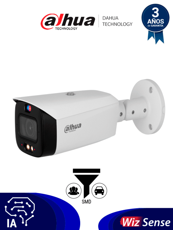 Cámara IP Bullet de 4 MP WizSense Lente Varifocal TiOC 2.01 disuasión activa de luz dual inteligente IR 50 m Luz cálida 40 m SMD 4.0 Disuasión Activa Audio bidireccional PoE IP67 E&S de Alarma - DH-IPC-HFW3449T1-ZAS-PV