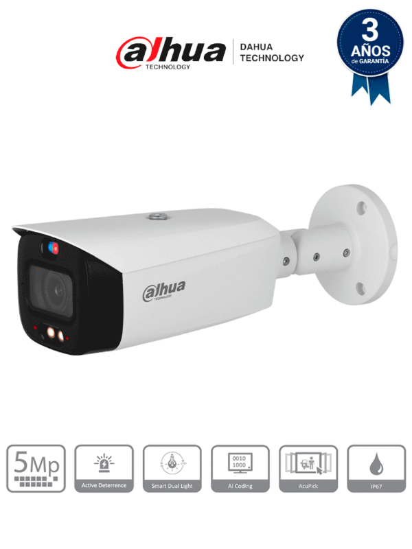 Cámara IP bullet de 5 MP WizSense Lente varifocal TiOC 2.01 Disuasión activa Iluminador dual inteligente IR 50 m Luz cálida 40 m SMD 4.0 Audio bidireccional E&S de alarma y audio PoE IP67 - DH-IPC-HFW3549T1-ZAS-PV