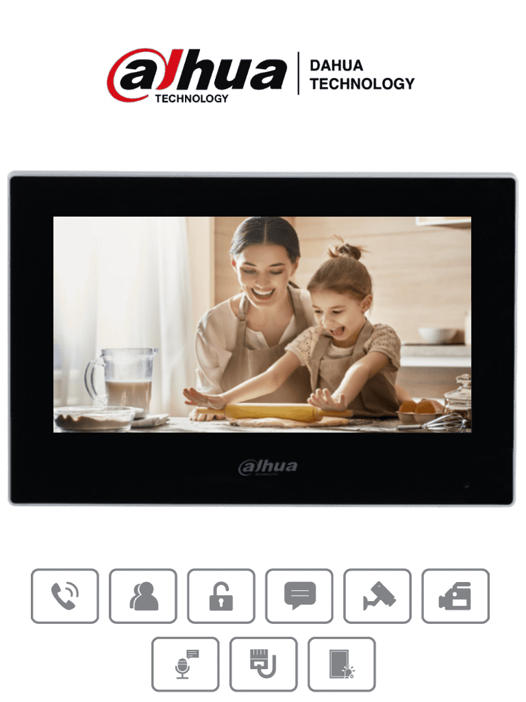 Monitor IP táctil de 7" en negro Serie Lite ideal para interiores Soporta PoE estándar hasta 4 cámaras de entrada y 4 monitores adicionales Incluye modo No Molestar 6 entradas salidas de alarma y compresión H.265 - DHI-VTH2621G-P