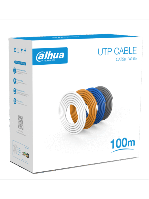 Bobina de 100 Mts de Cable UTP Cat5e 100% Cobre Color Blanco Cubierta Retardante de Flama con Certificacación ANSI/UL CM Ideal para Video y Redes - DH-PFM920I-5EU-U-100