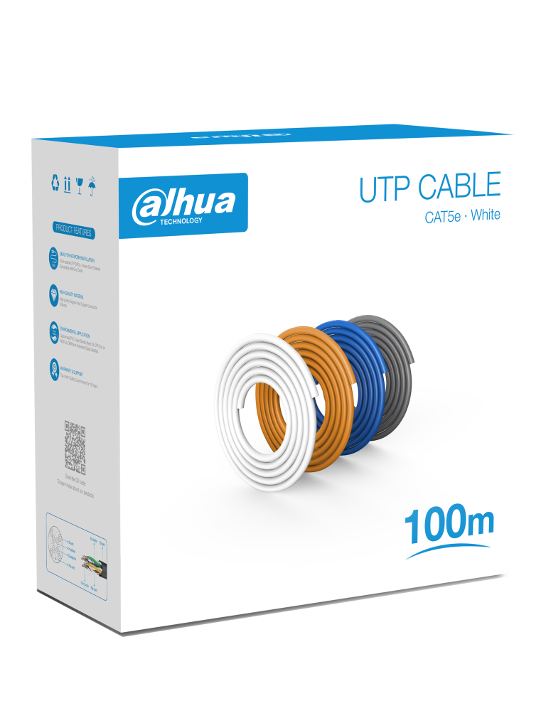 Bobina de 100 Mts de Cable UTP Cat5e 100% Cobre Color Blanco Cubierta Retardante de Flama con Certificacación ANSI/UL CM Ideal para Video y Redes - DH-PFM920I-5EU-U-100