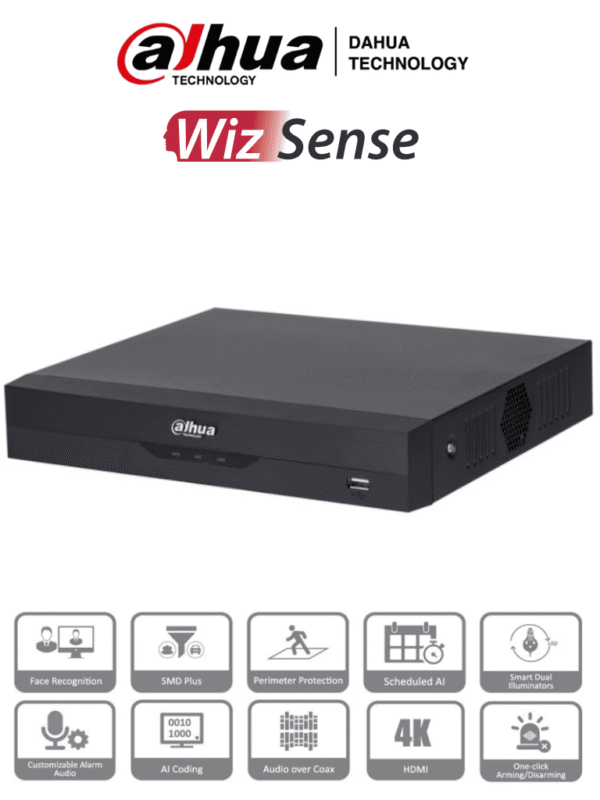 DVR 4k de 4 Canales y 4 IP o hasta 8 IP Equipado con WizSense codificación H.265+ un canal para reconocimiento facial protección perimetral y SDM Plus Bahía SATA para HDD de hasta 10TB Compatible con IoT y POS - DH-XVR5104HS-4KL-I3