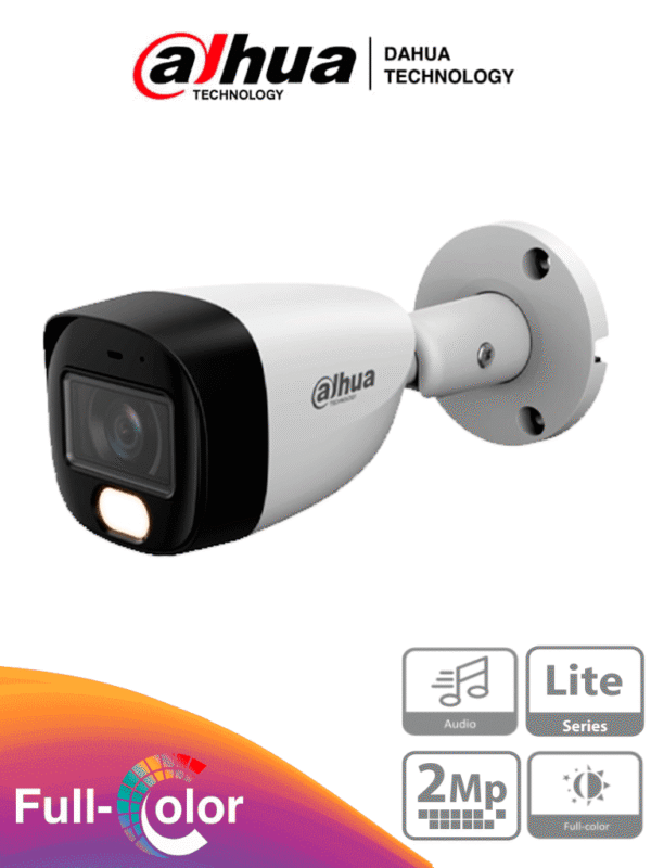 Cámara Metálica Bullet Full Color 1080p lente de 2.8mm y ángulo de 108° Micrófono integrado WDR digital y 20 m de iluminación Carcasa IP67 para máxima resistencia Compatible con CVI/CVBS/AHD y TV - DH-HAC-HFW1209CMN-A-LED-S3