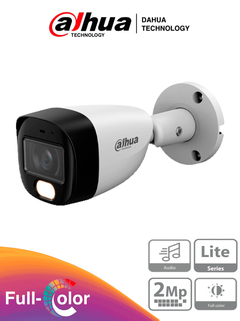 Cámara Metálica Bullet Full Color 1080p lente de 2.8mm y ángulo de 108° Micrófono integrado WDR digital y 20 m de iluminación Carcasa IP67 para máxima resistencia Compatible con CVI/CVBS/AHD y TV - DH-HAC-HFW1209CMN-A-LED-S3