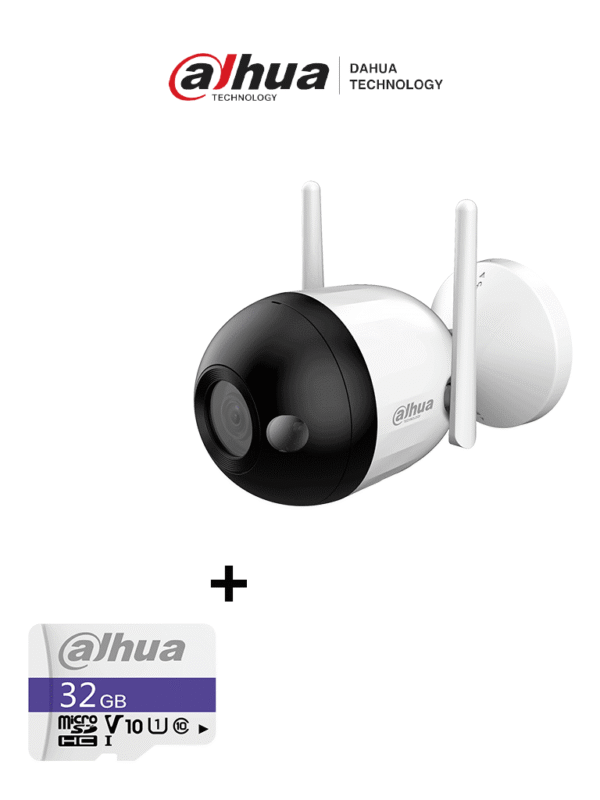 Cámara IP Bullet Wifi de 2 Megapíxeles Full Color Microfono Integrado 30 Mts de Luz Visible Ranura para MicroSD IA con Detección de Humanos IP67 + Memoria MicroSD de 32GB - DH-F2C-LED