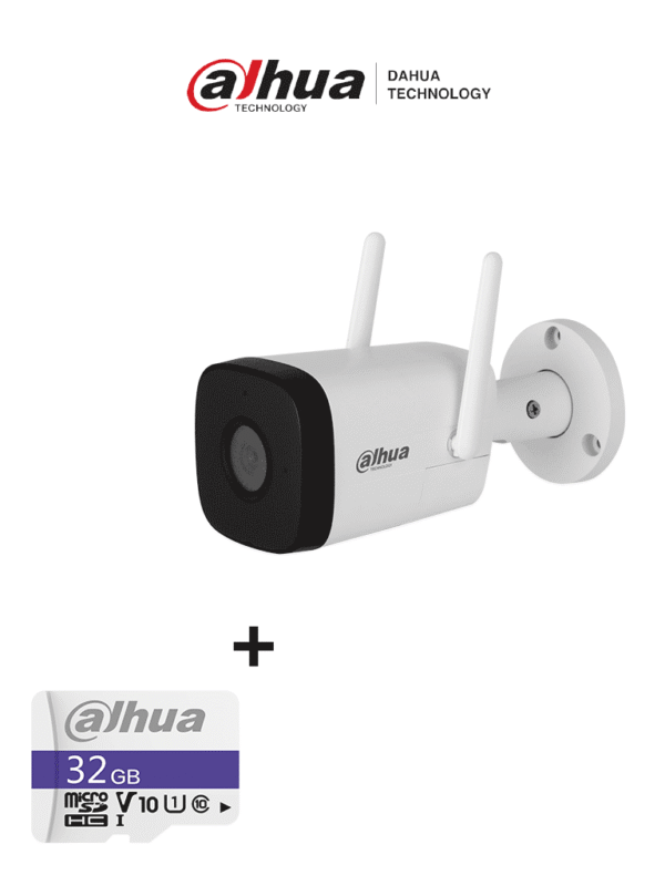 Cámara IP Bullet Wifi de 2 Megapixeles Lente de 2.8mm 100 Grados de Apertura IR de 30 Metros H.265 Microfono y Altavoz Integrados Ranura MicroSD IP67 Detección de Movimiento + Memoria MicroSD de 32 GB - IPC-HFW1230DT-STW