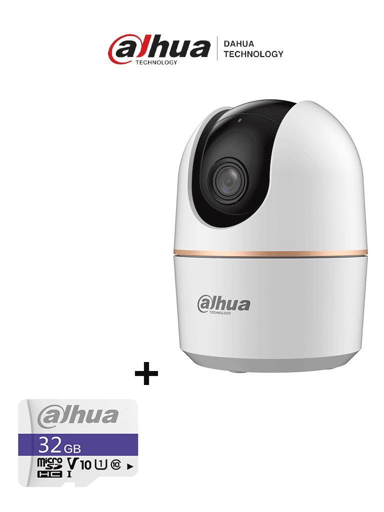 Camara IP Domo Motorizado Wifi de 5 Megapíxeles con IA autotracking audio bidireccional (micrófono y altavoz) sirena IR de 10 m ranura MicroSD detección de humanos + Memoria MicroSD de 32 BG - DH-H5A