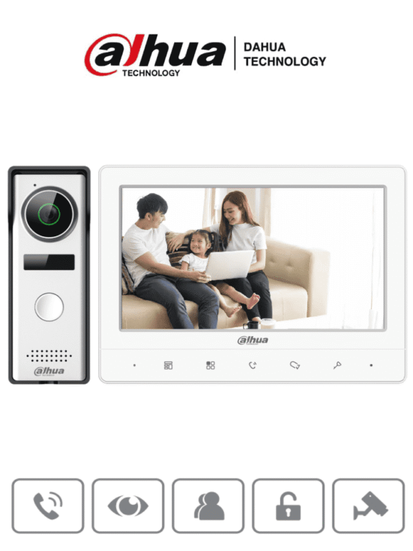 Kit de Videoportero analógico con monitor táctil de 7" y frente de calle con cámara de 1.3MP con DWDR y protección IP66 Controla hasta 2 frentes de calle y 3 monitores con apertura de puerta - DHI-KTA02