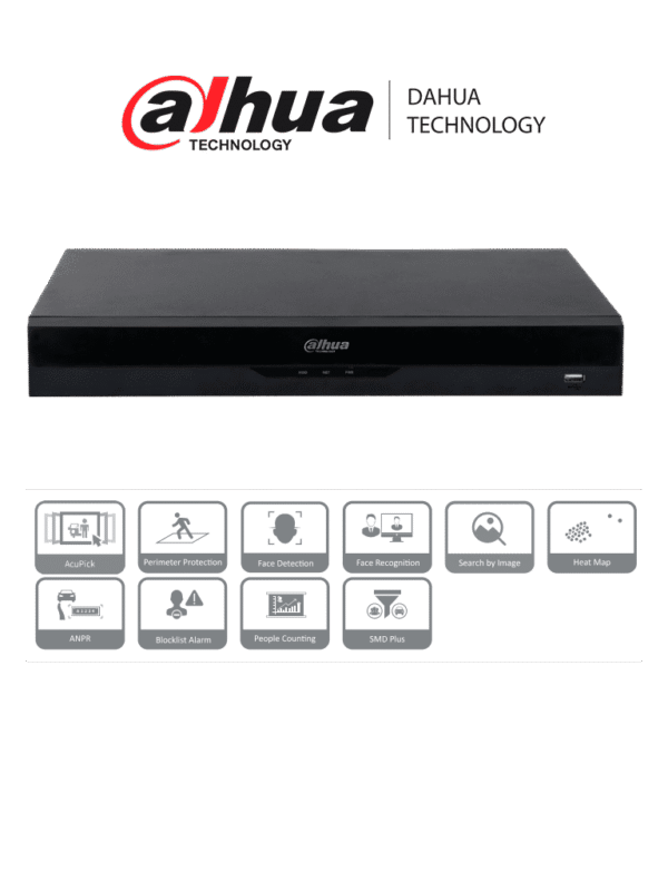 NVR IP WizSense de 16 canales 1U 16PoE 2HDD H.265+ H.265 384 Mbps AcuPick N+M cluster IA por grabador: FD y FR Protección perimetral SMD Plus - DHI-NVR5216-16P-EI