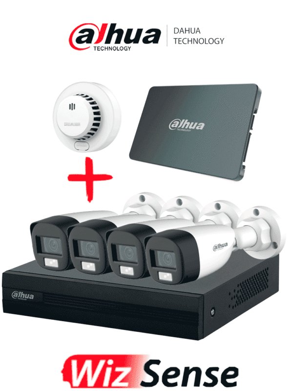 Kit Iluminación Dual de 4 Canales con SSD de 512GB 4 Camaras IL de 2 Megapixeles con Microfono Regalo Detector de Humo Stand Alone DHI-HY-SA13A - PAQ-DH-XVR1B04-I/DH-HAC-HFW1200CLN-DHI-HY-SA13A