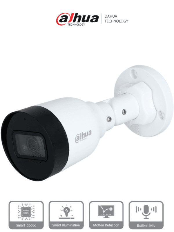 Cámara IP Bullet de 2MP lente de 2.8mm ángulo de visión de 102 grados micrófono integrado compresión H.265+ IR de 30m protección IP67 PoE DWDR - DH-IPC-HFW1230S1-A-S5