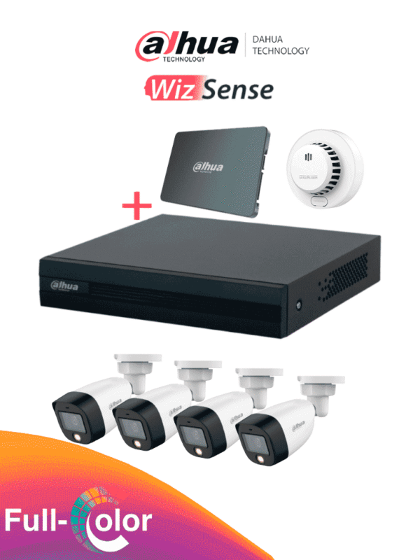 Kit Full Color de 4 Canales con SSD de 512GB 4 Camaras Full Color de 2 Megapixeles con Microfono Regalo Detector de Humo Stand Alone DHI-HY-SA13A - PAQ-DH-KIT/XVR1B04-I-SSD(512G)/4-H-DHI-HY-SA13A
