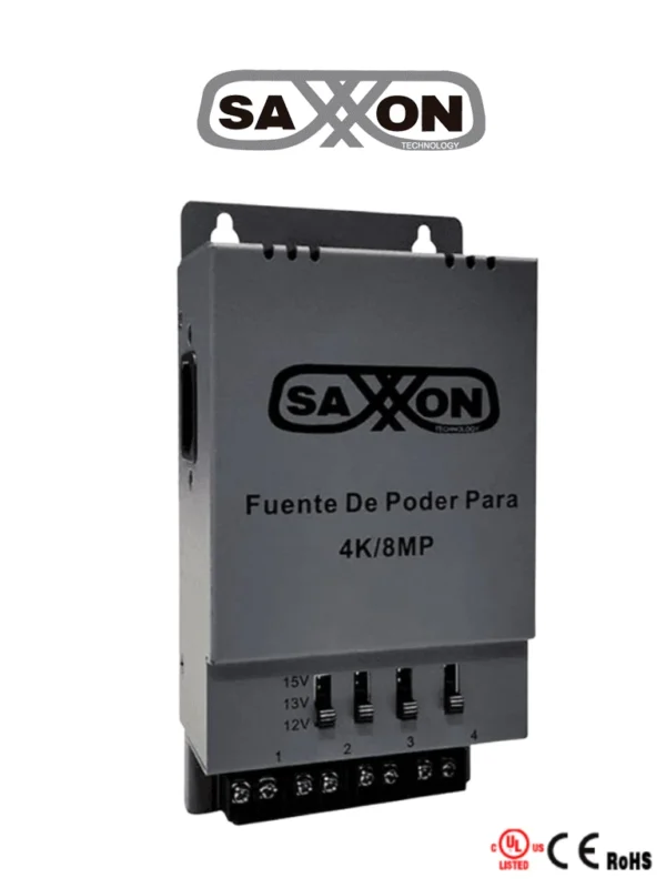 Fuente de poder Regulable Metálica Conexión de Hasta 4 Canales Voltaje de Ajuste 12V 13V o 15V cc Salida de Hasta 5 Amp en los 4 Canales Instalación en Pared - PSU1205A-4K
