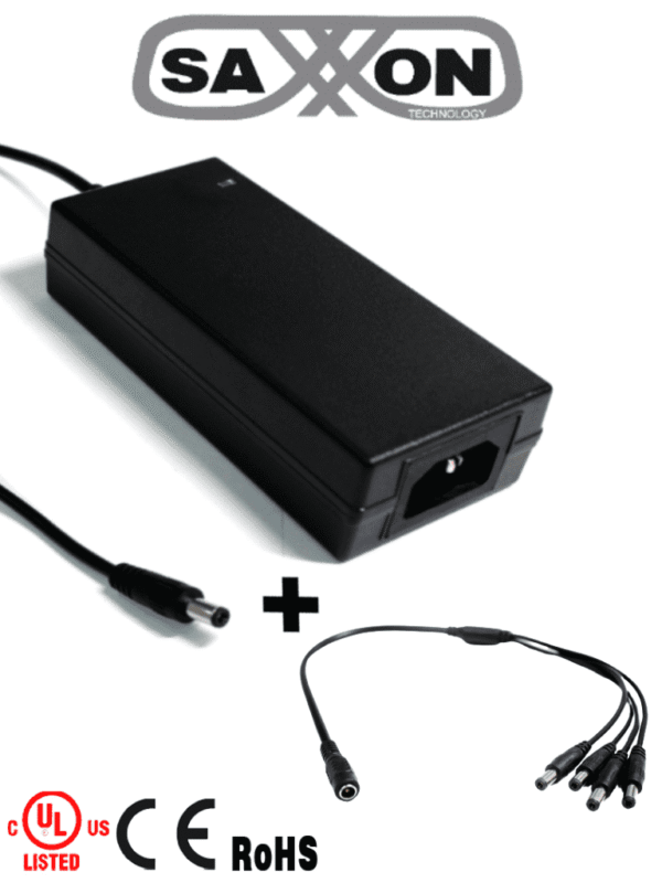 Paquete de Fuente de Poder de 12 Vcc 5 Amperes + Divisor para 4 Camaras Ideal Para Equipos de Alto Consumo Para Usos Multiples: Sistemas de CCTV Acceso Asistencia etc Certificación UL - PSU1205D+PSUWB07