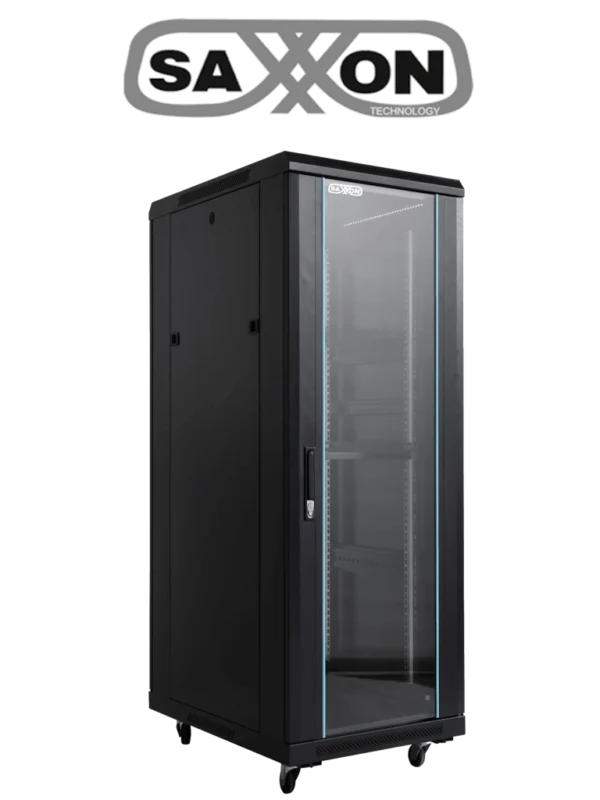 Gabinete de Piso 32UR Negro Puerta de Vidrio Templado 160x60x60 cm Base con 2 Ventiladores 110V - SX-R32U-6632S