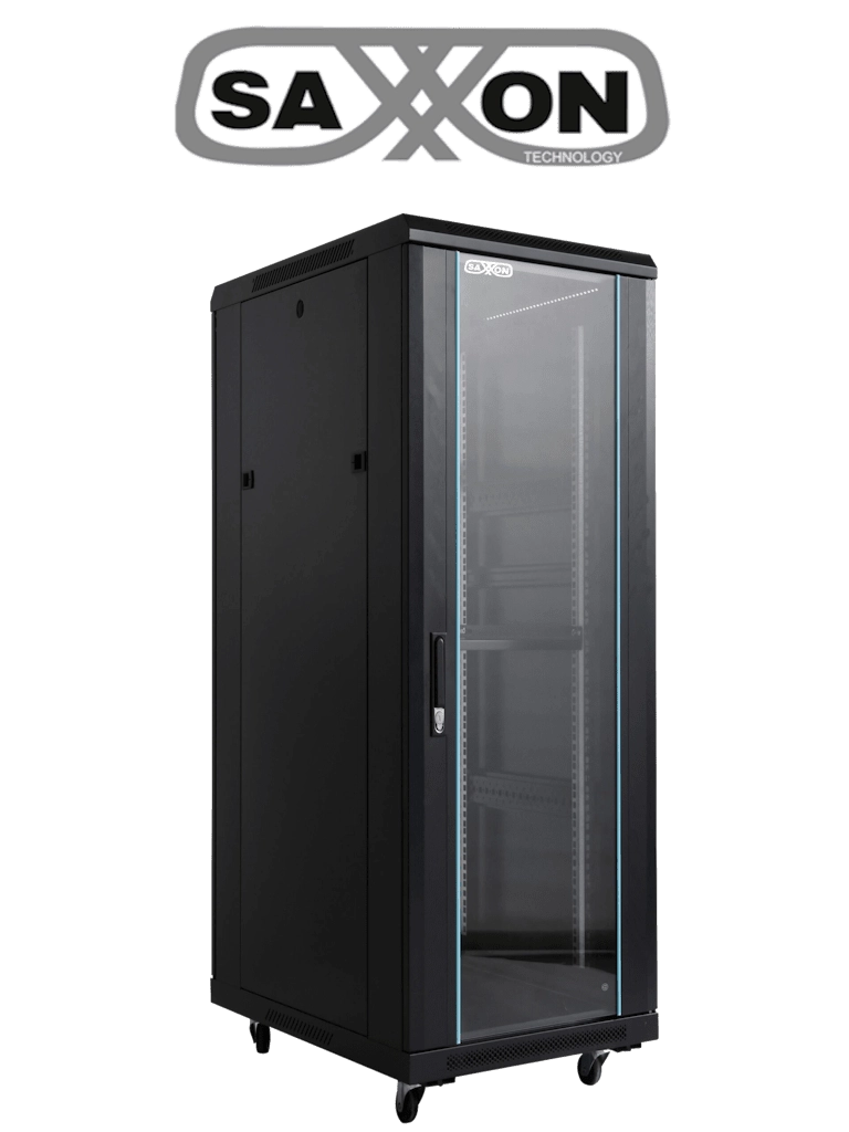 Gabinete de Piso 32UR Negro Puerta de Vidrio Templado 160x60x60 cm Base con 2 Ventiladores 110V - SX-R32U-6632S