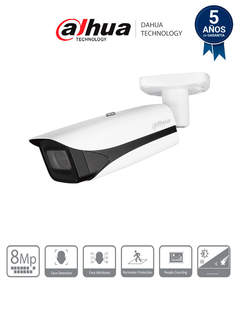 Camara IP Bala 4k Wiz Mind Lente Mot de 2.7 a 12 IR de 60 Metros SMD 3.0 Metadatos WDR Ranura para MicroSD e PoE IP67 IK10 SMD 3 E&A de Alarma y Audio Conteo de Personas Detección facial - DH-IPC-HFW5842E-ZE