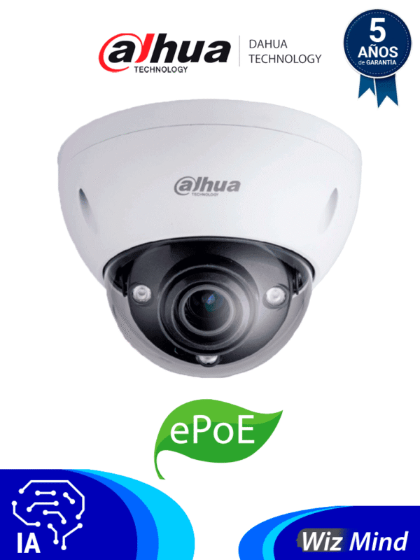 Cámara IP Domo Antivandálica Resolución de 2 MP Lente Mot 2.7 a 13.5mm angulo 101°-31° IR 50 mts IA WizMind Det Facial Prot Perimetral Starlight ePoE WDR H.265 IP67 IK10 E&S Alarma E&S Audio Salida HDMI - DH-IPC-HDBW5231EN-ZE-HDMI
