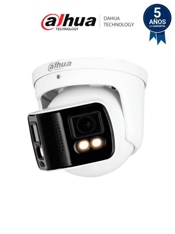 Cámara IP Full Color con visión de 180° y doble lente de 4 MP Ofrece protección perimetral mapa de calor conteo de personas y LED de 40m Cuenta con multivisión WizMind audio bidireccional ePoE H.265 e IP67 - DH-IPC-PDW5849-A180-E2-ASTE
