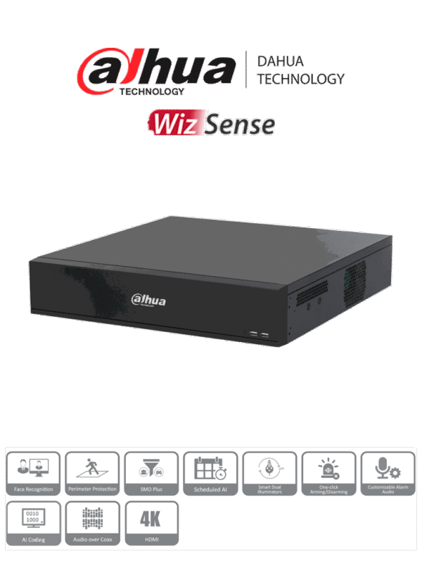 DVR de 16 Canales 4k WizSense H.265+ 8 Bahías de Discos Duros +16 Canales IP 6 Canales con Reconocimiento Facial SMD Plus Codificación IA IoT & POS - DH-XVR7816S-4K-I3