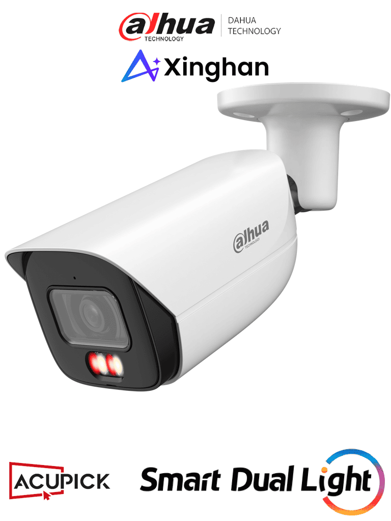 Cámara IP Bullet de 8 Megapíxeles con Iluminadores Dual WizSense Lente de 2.8mm 107 Grados de Apertura H.265+ Microfono Integrado 1 E&S de Alarma y Audio SMD 4.0 WDR Real Quick Pick AI SSA PoE IP67 - DH-IPC-HFW3849E-AS-IL