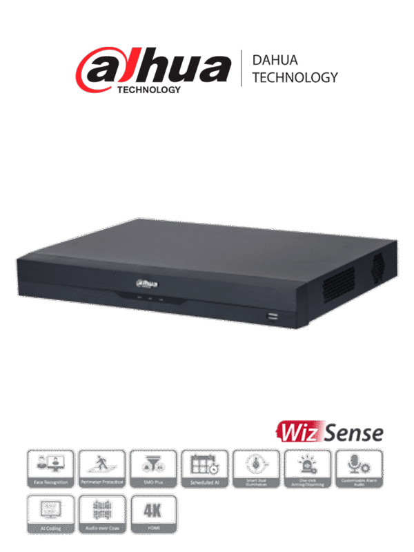 DVR de 16 Canales 4k WizSense H.265+ 16 Canales + 16 IP Hasta 32 Ch IP 2 Ch de Reconocimiento Facial SDM Plus Protección Perimetral 2 SATA de hasta 10TB 16&3 E&S de Alarmas 4 Canales de Audio IoT POS - DH-XVR5216A-4KL-I3