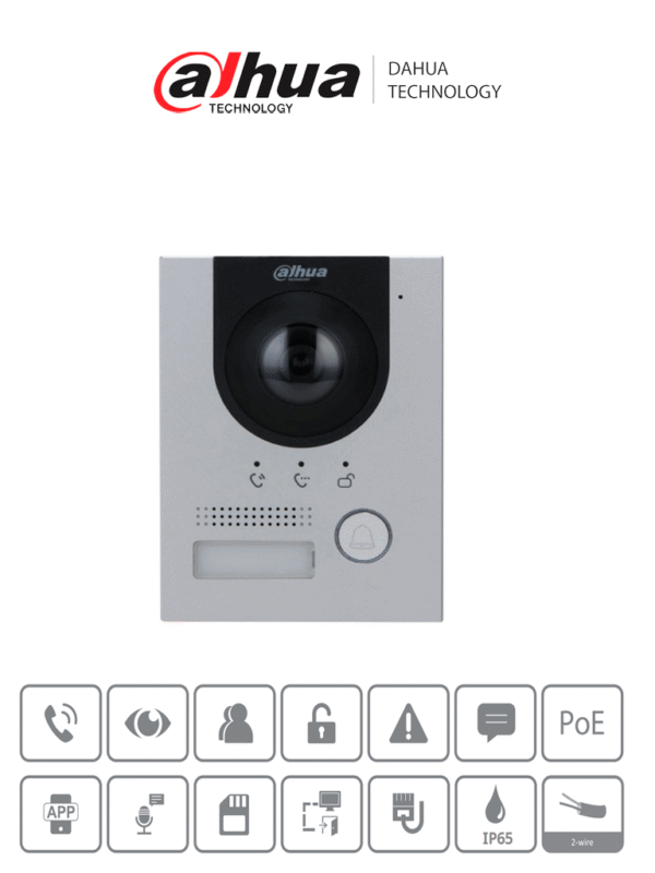 Frente de calle para videoportero IP Metálico Cámara de 2 MP con 160° de apertura IK07 Exterior IP65 Visión nocturna PoE Indicador de voz Apertura de chapa Solo alimentación PoE - DHI-VTO2202-F-P