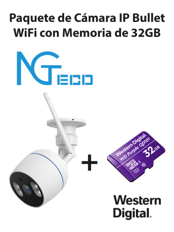 Cámara NGC501 IP Bullet Wi Fi 1080P con Memoria de 32GB Micro SDHC Linea Purple Clase 10 U1 - NGTECO 501 With SD Card
