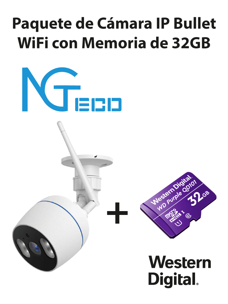 Cámara NGC501 IP Bullet Wi Fi 1080P con Memoria de 32GB Micro SDHC Linea Purple Clase 10 U1 - NGTECO 501 With SD Card