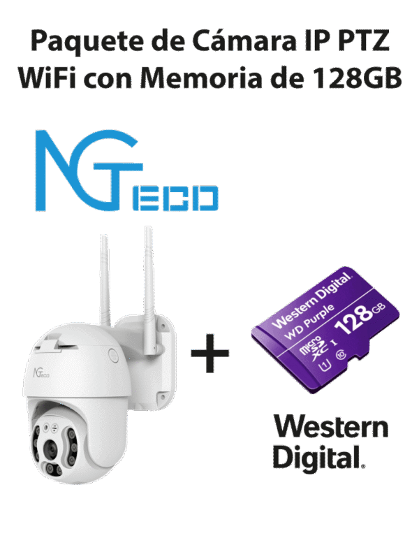 Cámara NGC4200 IP PTZ Wi Fi 3MP con Memoria de 128GB Micro SDXC Linea Purple Clase 10 U1 - NGTECO C4200 With SD Card