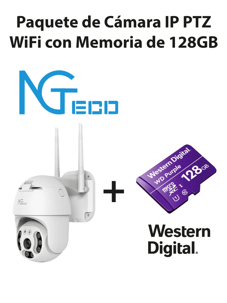Cámara NGC4200 IP PTZ Wi Fi 3MP con Memoria de 128GB Micro SDXC Linea Purple Clase 10 U1 - NGTECO C4200 With SD Card